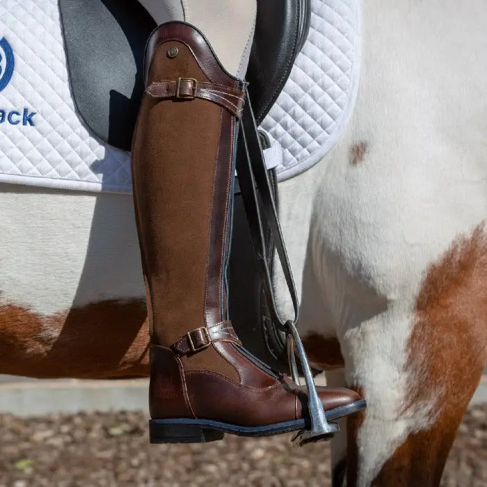 Brown leather bareback footwear piaffe long riding boots with suede accents and metal buckles in multiple sizes