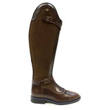 Brown leather bareback footwear piaffe long riding boots with sleek polished finish in multiple sizes