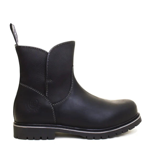 Black leather barefoot footwear quebec waterproof ankle boots with white stitching rugged sole and memory foam comfort