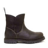 Dark brown leather bareback footwear quebec waterproof ankle boots with rugged rubber sole and visible stitching details