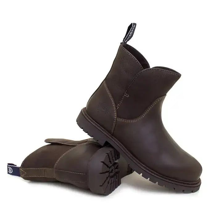 Dark brown leather bareback footwear quebec waterproof ankle boots with rugged rubber sole and back pull tabs
