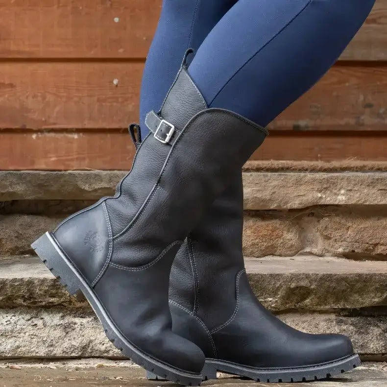 Black leather bareback footwear quebec waterproof boots with silver buckle and rugged memory foam rubber soles