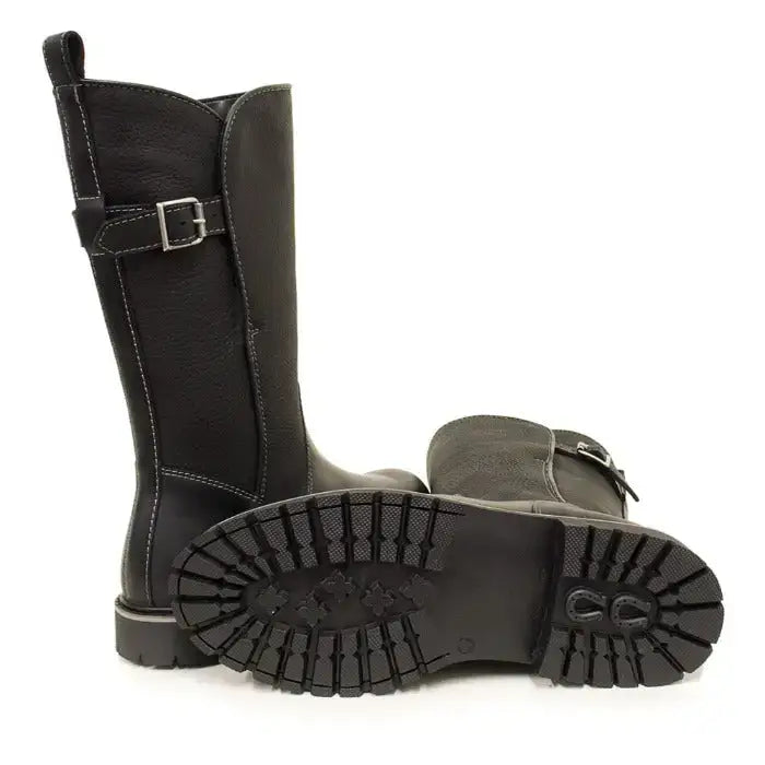 Black leather bareback footwear quebec waterproof boots with silver buckle and rugged rubber soles for all weather use