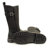 Black leather bareback footwear quebec waterproof boots with silver buckle and rugged rubber soles for all weather use