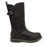 Black leather bareback footwear quebec waterproof boots with silver buckle strap and rugged rubber sole