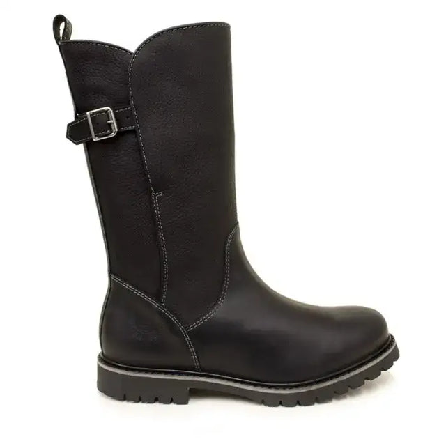 Black leather bareback footwear quebec waterproof boots with silver buckle strap and rugged rubber sole