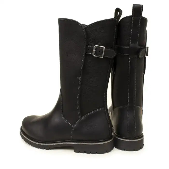 Black leather knee-high barefoot footwear quebec waterproof boots with silver buckle straps and rugged sole