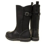 Black leather knee-high barefoot footwear quebec waterproof boots with silver buckle straps and rugged sole