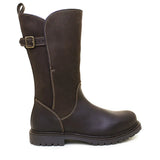 Dark brown leather quebec waterproof boots by bareback footwear quebec with buckle strap and stormproof wil-tex details
