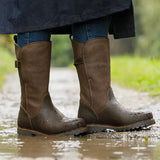 Brown leather knee-high quebec waterproof boots by bareback footwear quebec with stormproof wil-tex rugged soles