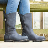 Dark gray suede knee-high bareback footwear quebec waterproof boots with adjustable buckle and rubber sole in navy uk 3 & 4