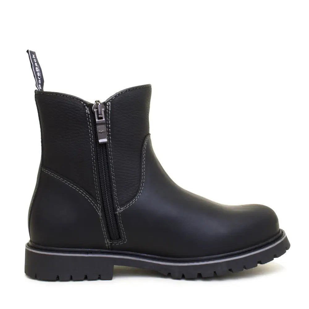 Black leather bareback footwear quebec waterproof zip ankle boots with side zipper and pull tab back view