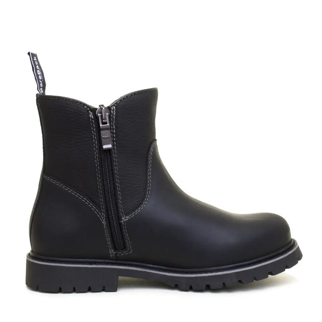 Black leather bareback footwear quebec waterproof zip ankle boots with side zipper and pull tab back view