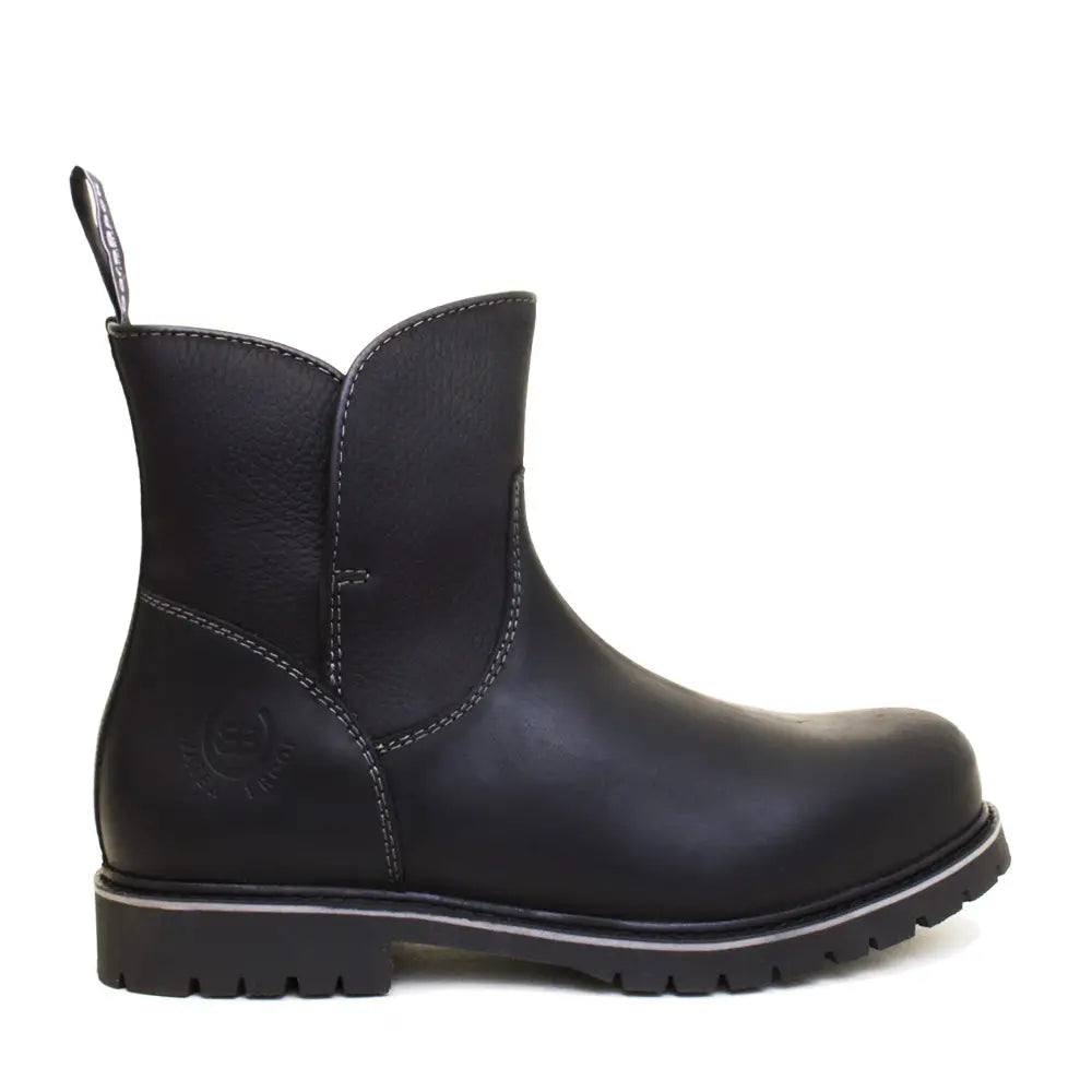 Black leather ankle boot with white stitching and rugged sole from bareback footwear quebec waterproof zip memory foam boots