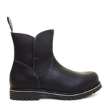 Black leather ankle boot with white stitching and rugged sole from bareback footwear quebec waterproof zip memory foam boots