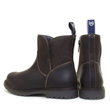 Dark brown leather bareback footwear quebec waterproof zip ankle boots with contrasting stitching and textured sole