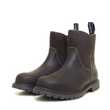 Dark brown leather bareback footwear quebec waterproof zip ankle boots with light stitching and rugged sole