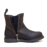 Dark brown leather ankle boot with side zipper and pull tab from bareback footwear quebec waterproof zip collection