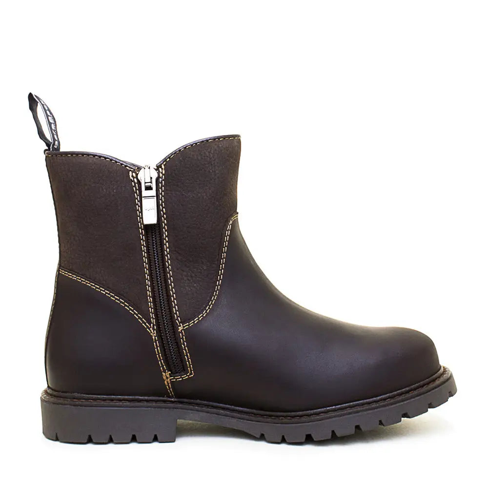 Dark brown leather bareback footwear quebec waterproof zip ankle boots with side zipper and light contrast stitching