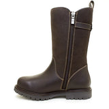 Dark brown leather fur lined boots with side zipper and contrast stitching from bareback footwear quebec waterproof zip-up