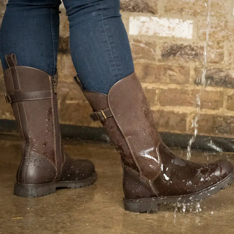 Brown leather bareback footwear quebec waterproof zip mid calf boots with zipper buckle stormproof wil-tex details
