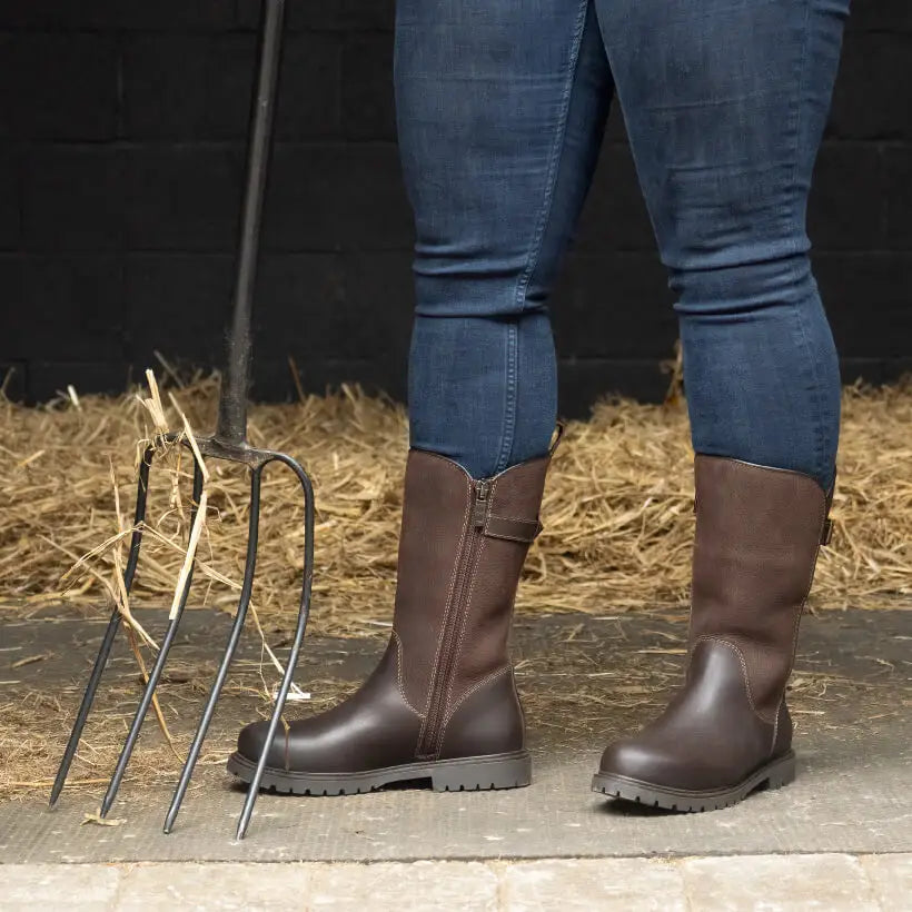 Brown leather mid calf riding boots with side zipper and sturdy soles from bareback footwear quebec waterproof zip design