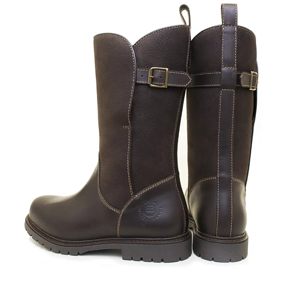 Dark brown leather bareback footwear quebec waterproof zip mid calf boots with brass buckles and stormproof wil-tex