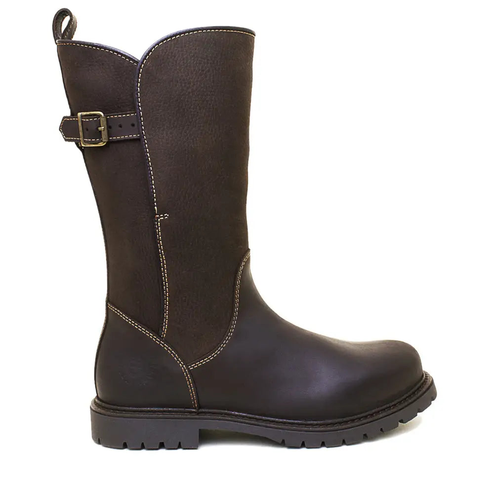 Bareback footwear Quebec waterproof zip brown leather mid calf boot with buckle strap and white stitching stormproof wil-tex