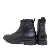 Black leather ankle rio jodhpur boots with side zipper and embossed logo by bareback footwear rio lining