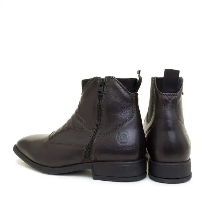 Dark brown leather rio jodhpur boots with side zipper and black rubber soles from bareback footwear rio lining