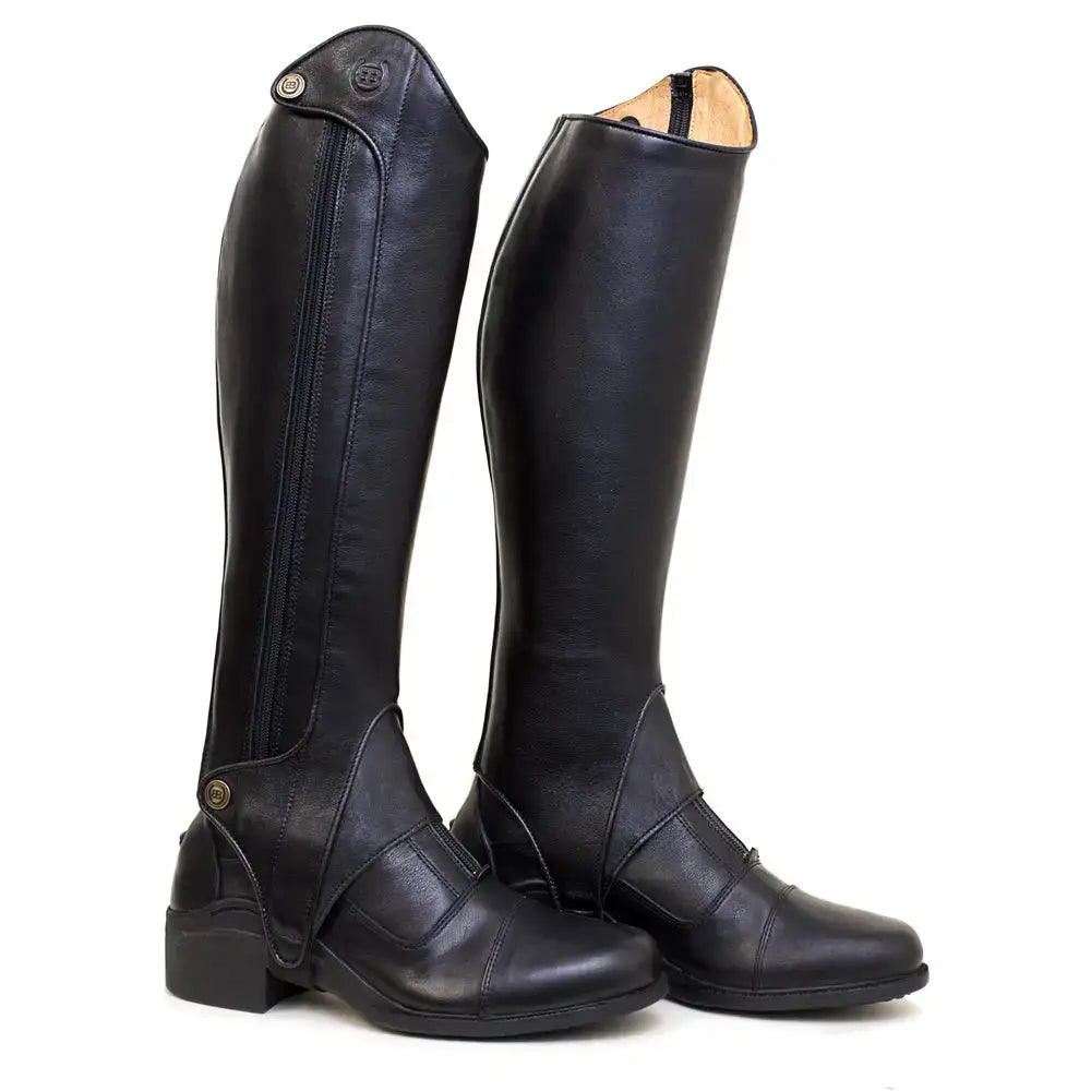 Bareback footwear vaqueros premium half-chaps in black leather with glossy finish and reinforced stitching for riding