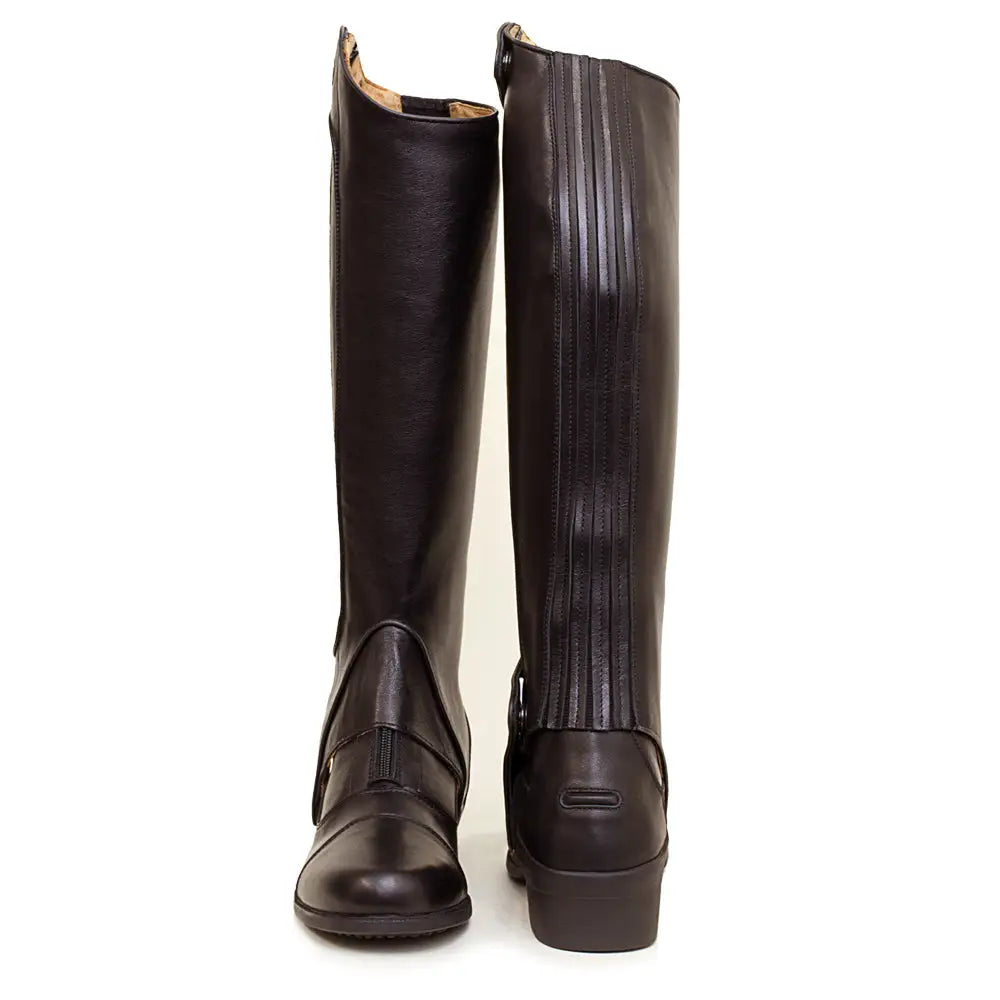 Black leather bareback footwear vaqueros kentucky half chaps with smooth finish and vertical zipper detail
