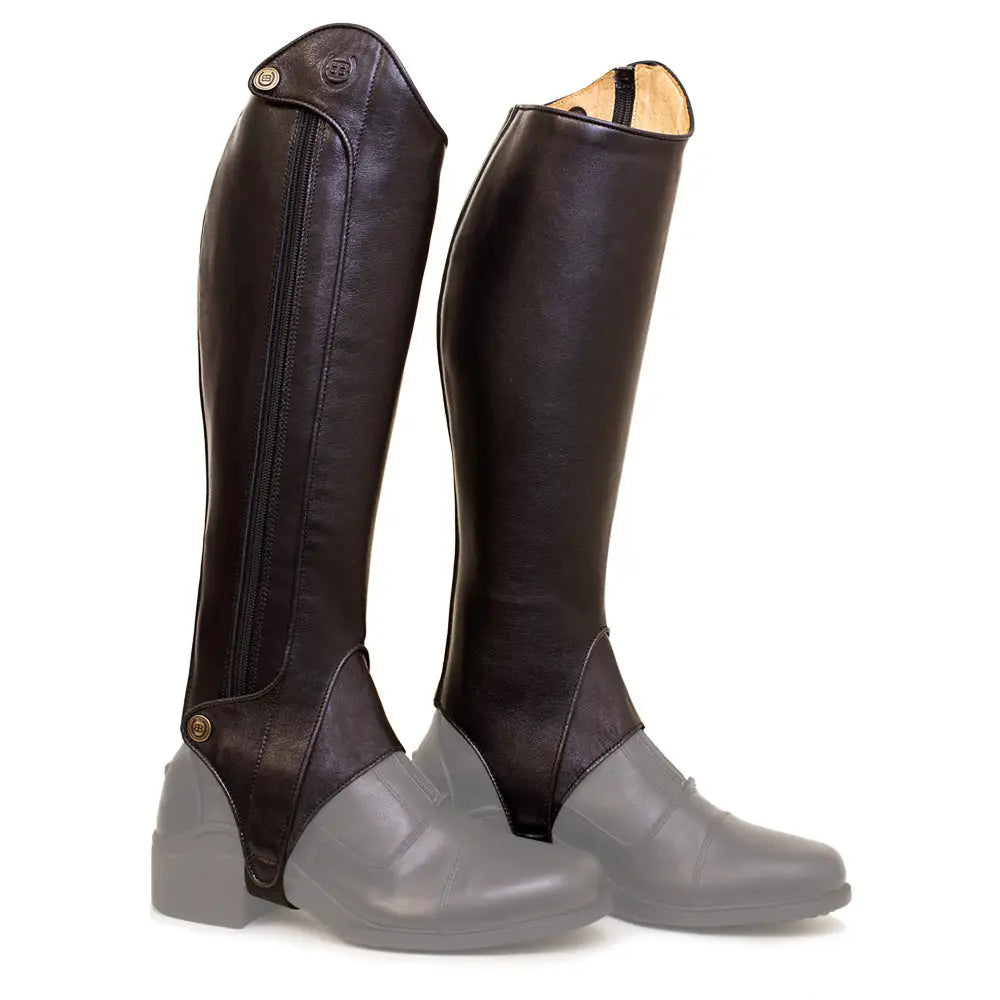 Dark brown leather bareback footwear vaqueros kentucky half chaps with zipper brass snaps and piped finish