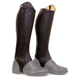 Dark brown leather bareback footwear vaqueros kentucky half chaps with zipper brass snaps and piped finish