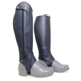 Dark blue leather bareback footwear vaqueros premium half-chaps with zipper and brass hardware for riding use