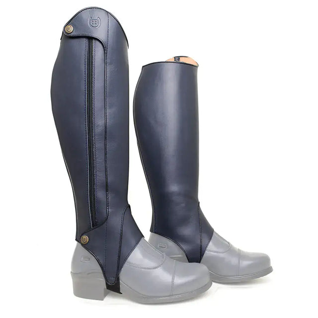 Dark blue leather bareback footwear vaqueros premium half-chaps with zipper and brass hardware for riding use