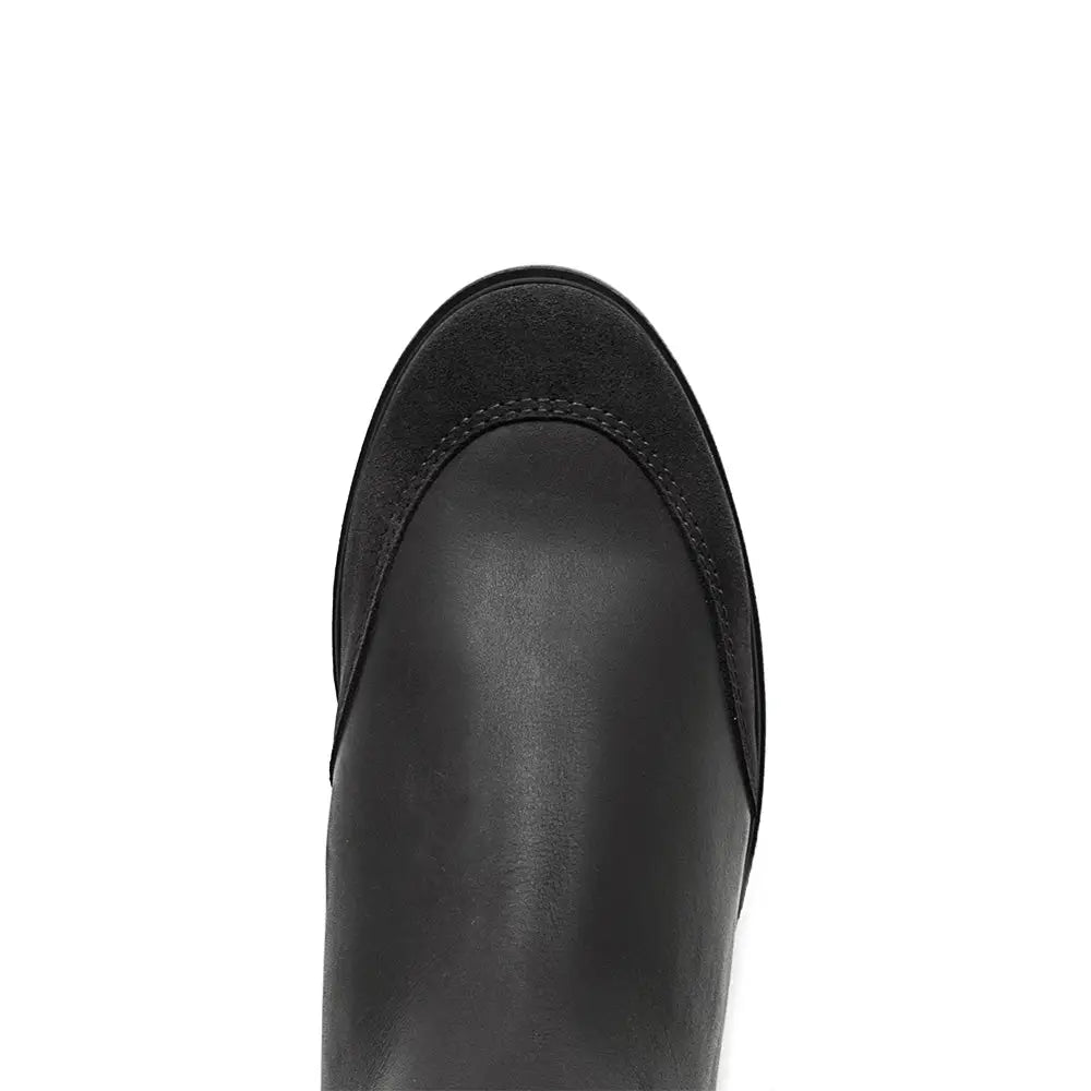 Black leather vermont storm waterproof long riding boot with suede toe cap and stitched detailing from bareback footwear