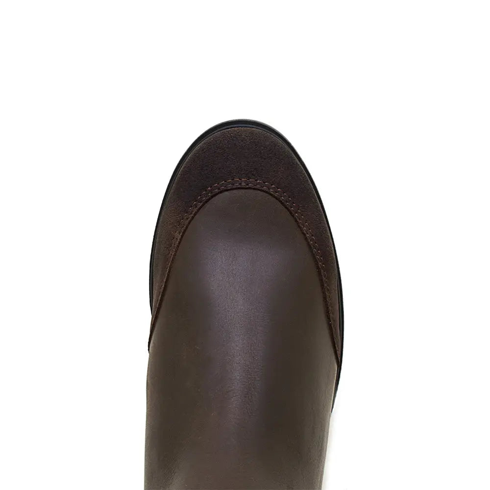 Dark brown leather vermont storm waterproof long riding boot with suede toe cap and stitched detailing from bareback footwear vermont