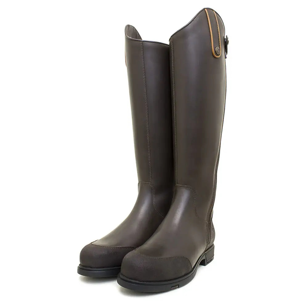 Dark brown leather bareback footwear vermont storm waterproof long riding boots with gold zipper accents