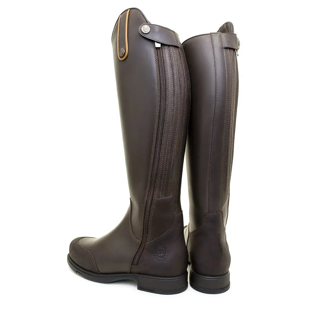 Dark brown leather vermont storm waterproof riding boots with side zipper and gold accents from bareback footwear vermont