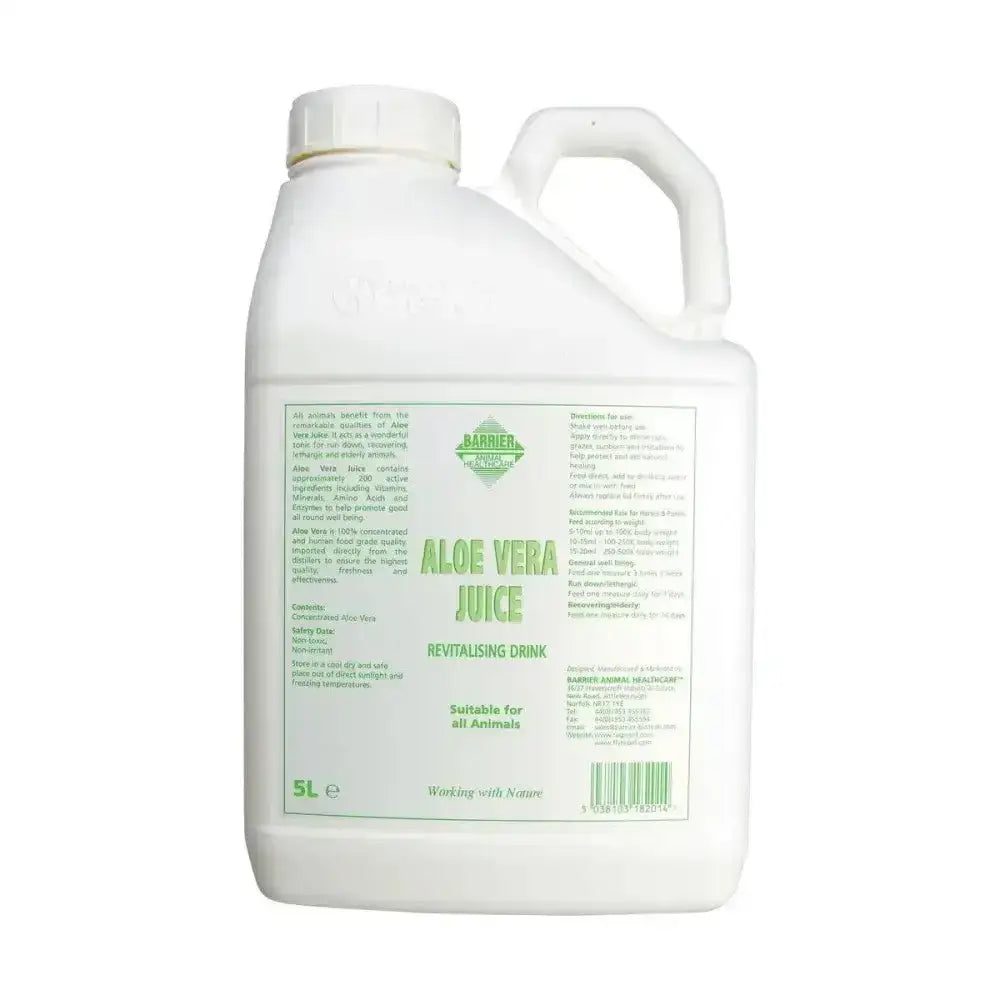 White plastic jug with handle and cap labeled aloe vera juice for barrier aloe vera horse supplements
