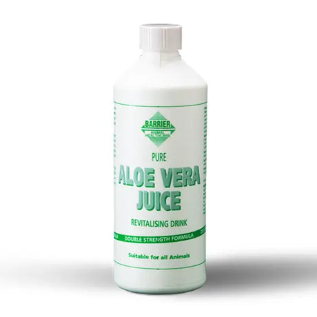 White plastic bottle of barrier aloe vera juice labeled as a revitalising drink with green text and branding