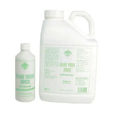 White plastic bottles of barrier aloe vera juice with green labels and white caps for horse supplements in 5l and smaller sizes