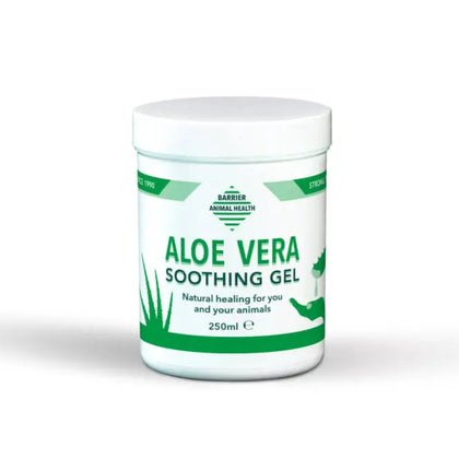 White plastic jar of barrier aloe vera soothing gel 250ml designed to aid natural healing and skin barrier care