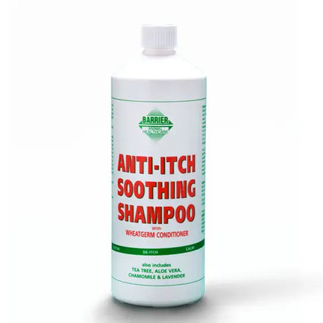 White plastic bottle of barrier anti-itch soothing anti-bacterial two shampoo with red and green labeling