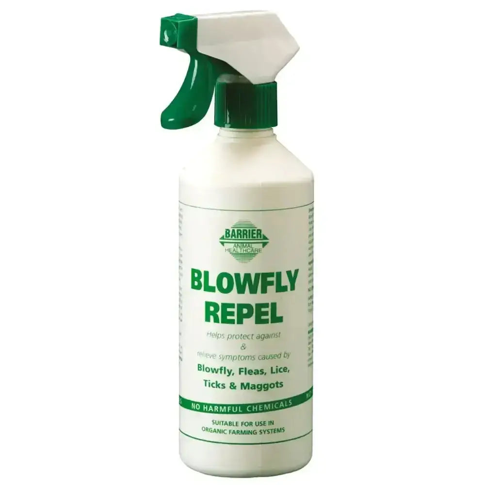 White plastic spray bottle with green trigger labeled barrier blowfly repel for fly sprays and barrier d sheep care