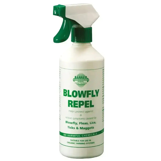 White plastic spray bottle with green trigger labeled barrier blowfly repel for fly sprays and barrier d sheep care