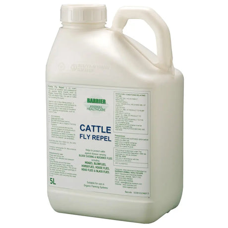 White plastic 5l jug of barrier cattle fly repel for effective cattle fly repel and animal healthcare use
