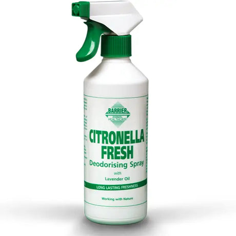 White plastic spray bottle with green trigger labeled barrier citronella fresh deodorising spray to banish nasty odours