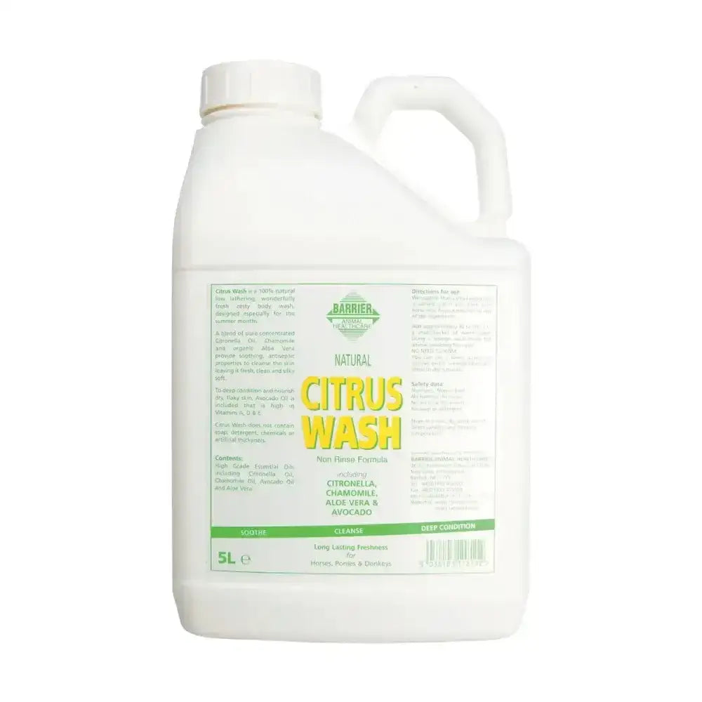 White plastic jug with handle and cap labeled barrier citrus wash featuring pure concentrated citronella oil